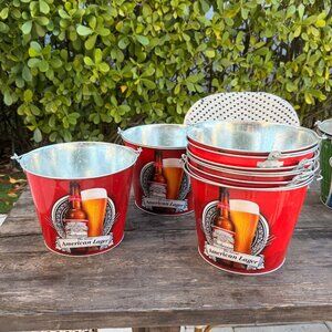 Bundle Lot of 8 2009 BUDWEISER GALVANIZED METAL ICE/BEER BUCKETS Handle Used